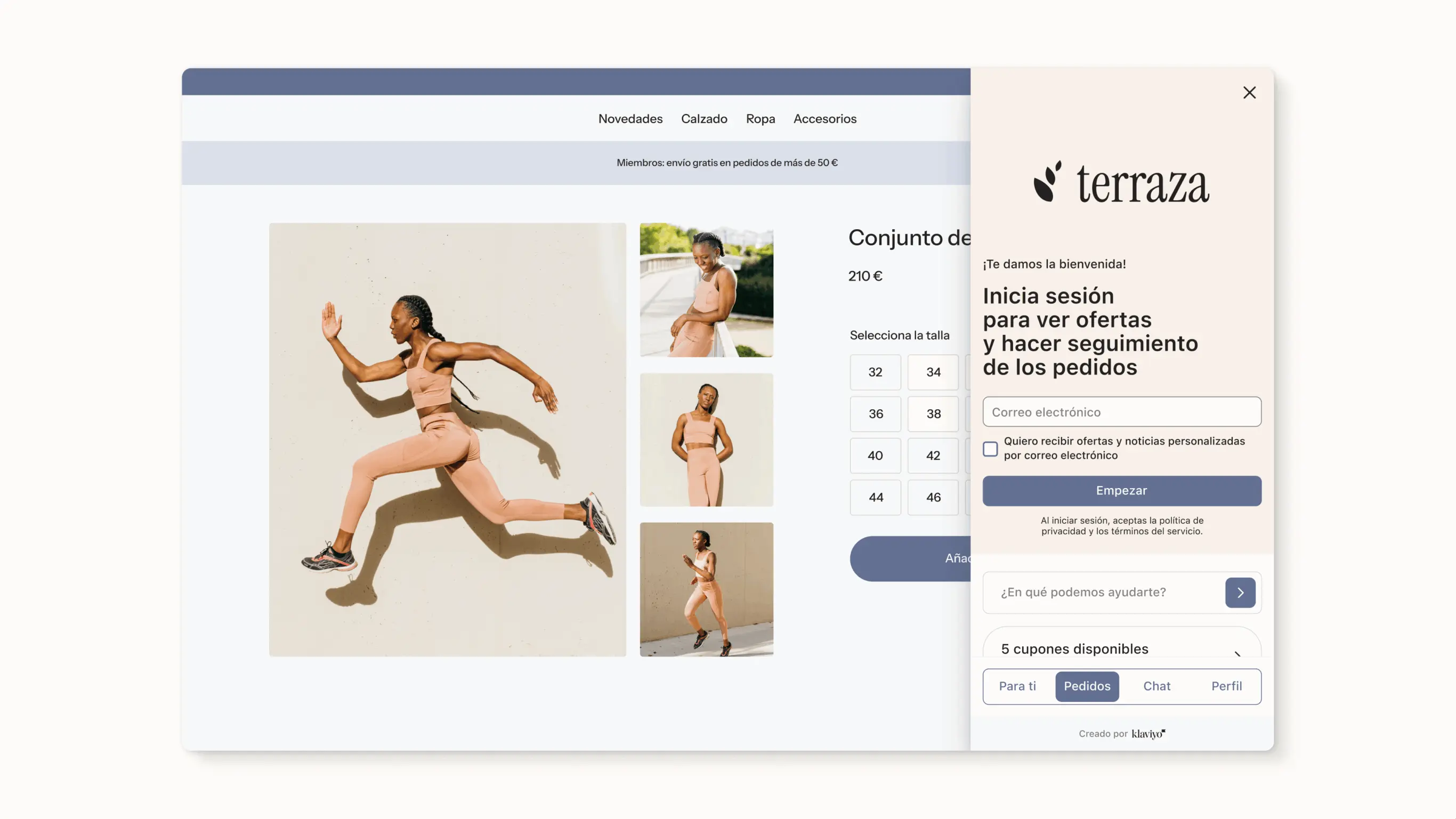 Panel deslizante de Customer Hub que muestra los pedidos que llegan, los cupones y los productos recomendados en una experiencia de tienda de Shopify