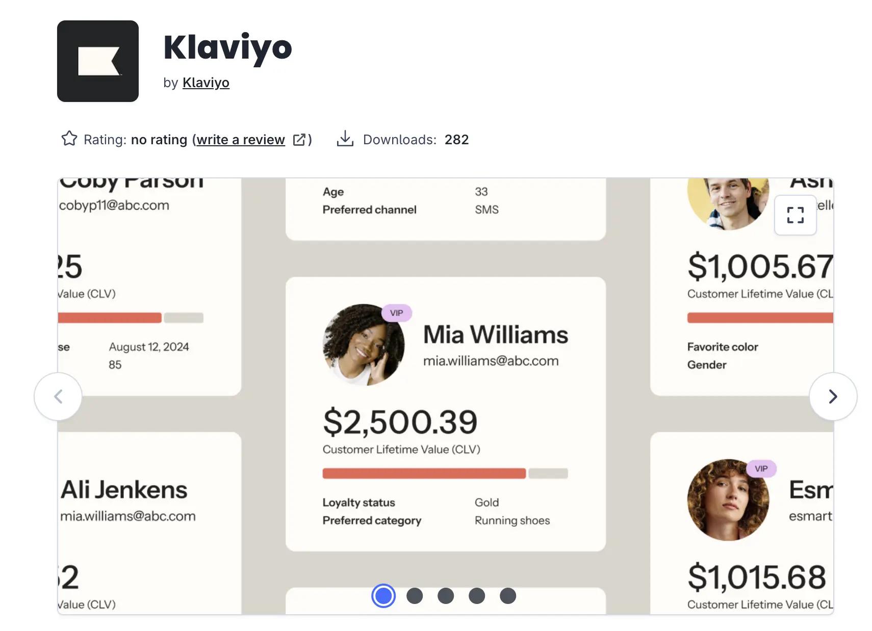 Klaviyo interface showing customer profiles with details like name, email, customer lifetime value, and loyalty status.