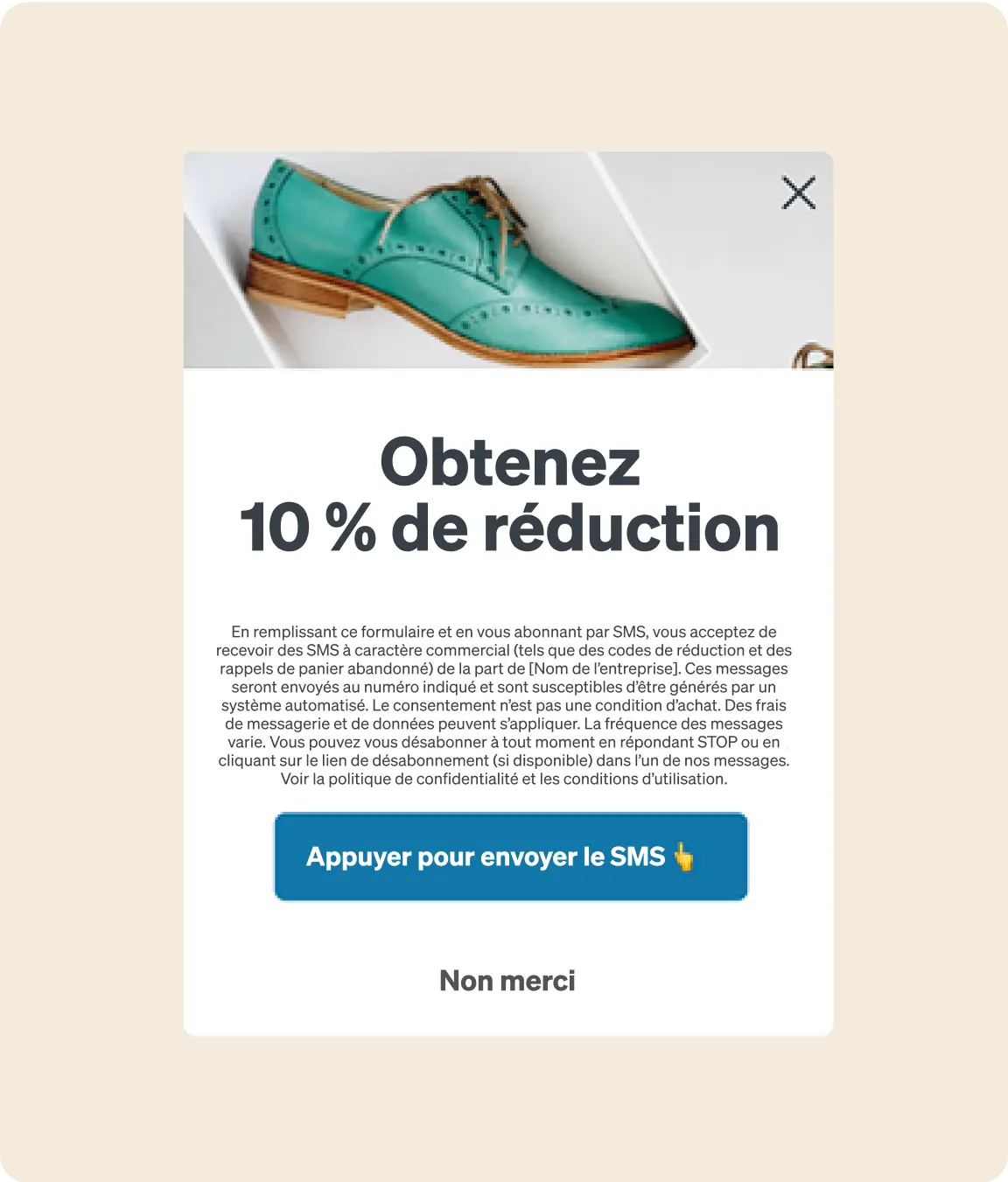Offre de réduction de 10 % avec abonnement SMS, illustrée par une chaussure verte. Bouton pour envoyer le SMS et option "Non merci".