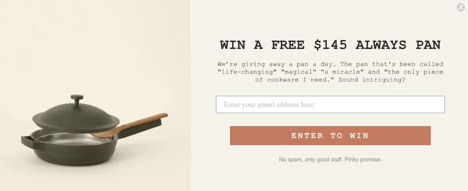Image shows a sign-up form from Our Place offering new subscribers the chance to win a free pan. The form includes quotes from happy customers who’ve reviewed the brand’s products in a positive light.