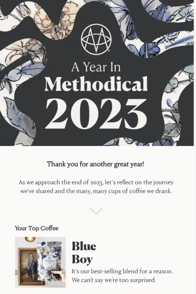 A decorative graphic with the text "A Year In Methodical 2023" and a section highlighting "Blue Boy" coffee as a top seller.