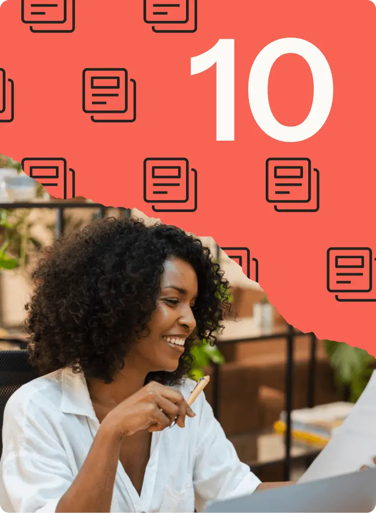 Smiling woman holding a pen, with a red overlay featuring the number 10 and document icons.