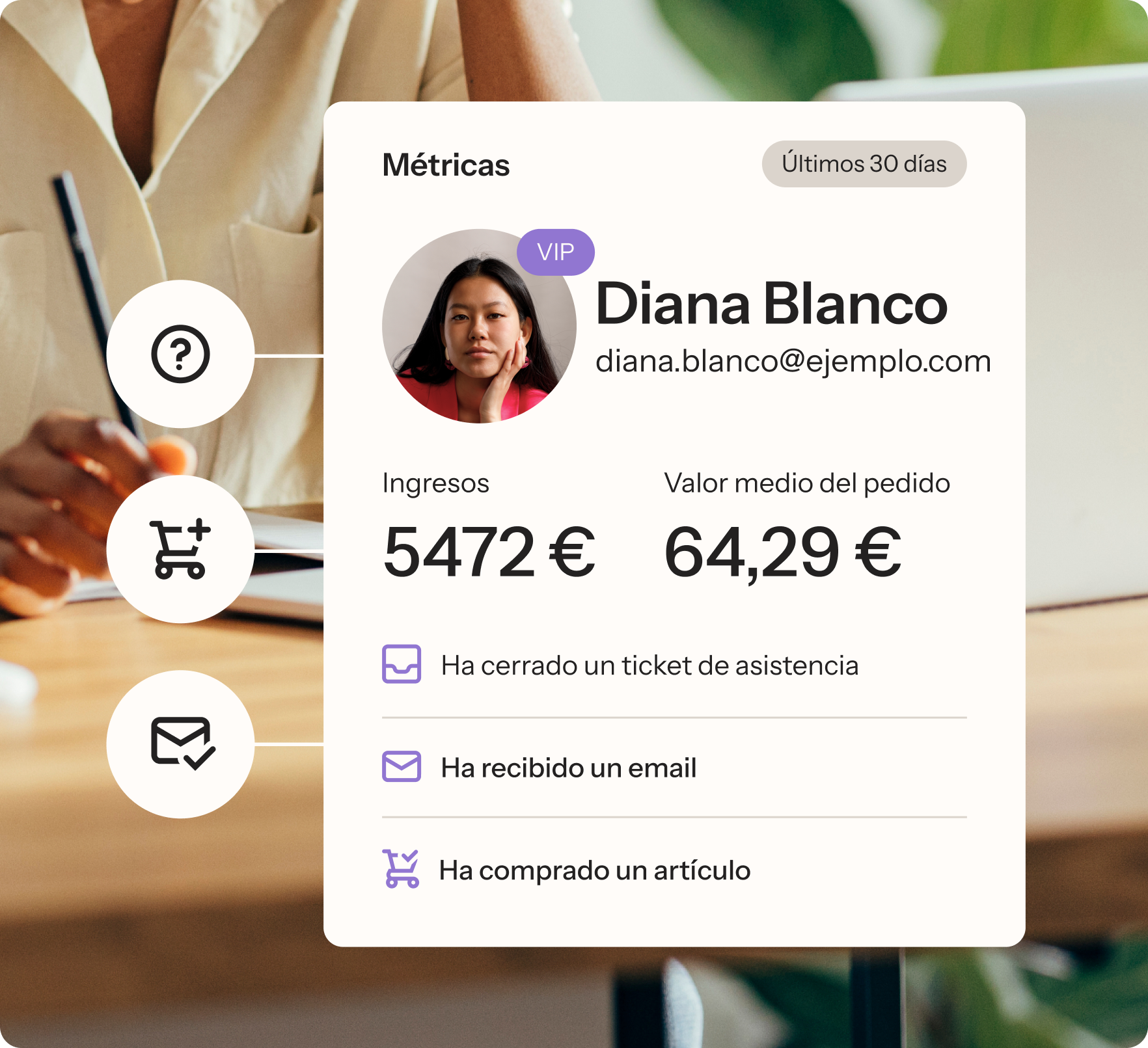 A digital customer profile dashboard for 'Diana Blanco', showing her VIP status, total income (5472€), average order value (64.29€), and recent activities.