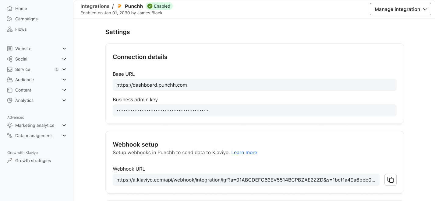 Screenshot of an enabled Punchh integration settings page, displaying connection details like Base URL and a masked admin key, and a webhook URL.