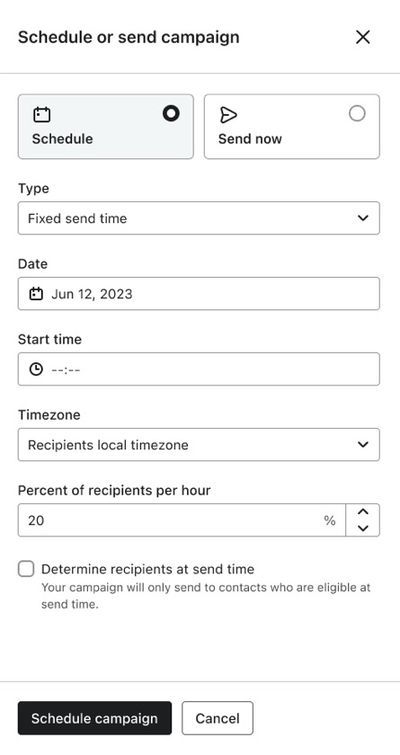 A modal for scheduling a campaign, with "Schedule" selected, showing fields for date (June 12, 2023), time, timezone, and percentage of recipients per hour (20%).