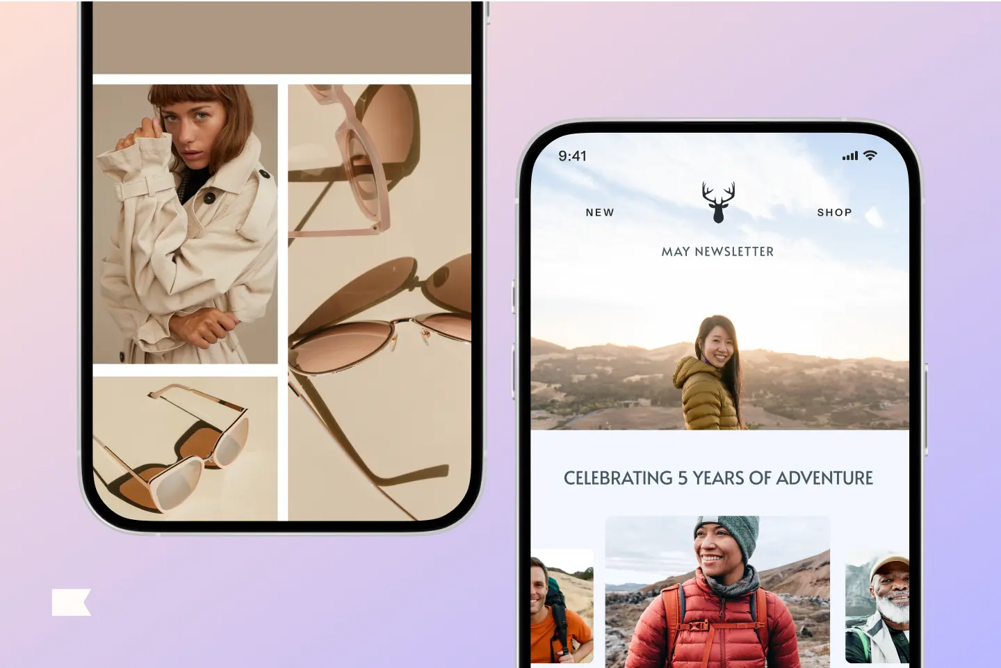 Two smartphone screens display fashion and lifestyle content. The left shows a woman in a coat and sunglasses. The right features a newsletter with outdoor images.