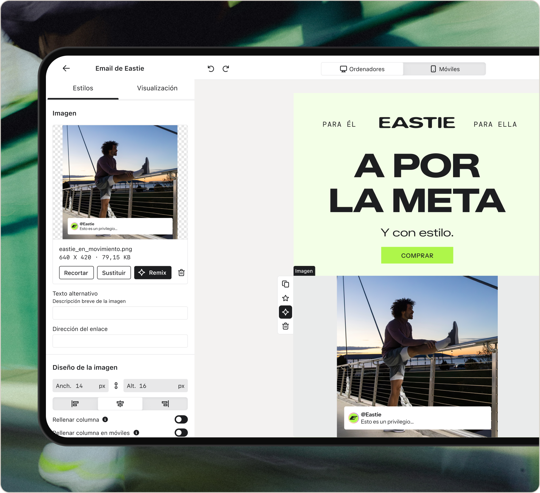 A mobile phone displays an "Eastie" chat app with a signup offer and product options, alongside a card showing "Aarón Rivera's Customer Activity" with social media and site interactions.