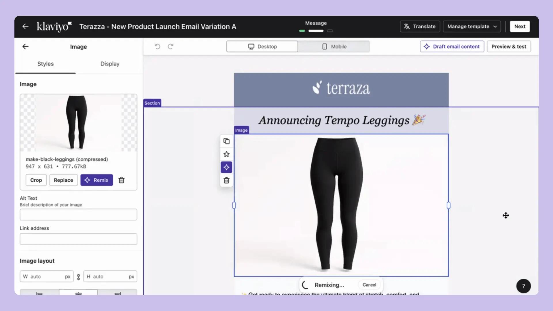 Email design interface showing a product launch for "Tempo Leggings" by Terraza, featuring black leggings.