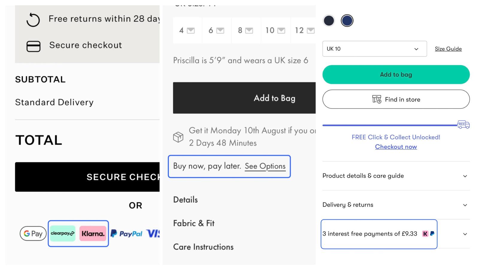 Image shows 3 placements for BNPL. On the left, an AllSaints cart shows free returns within 28 days, secure check-out, and a subtotal, with Clearpay and Klarna boxed among the payment marks. In the centre, an Oh Polly product page shows an “Add to Bag” button, a delivery estimate, and a boxed line reading “Buy now, pay later. See Options.” On the right, a New Look product page shows an “Add to bag” button, and a boxed line reading “3 interest free payments of £9.33” with the Klarna and PayPal marks.