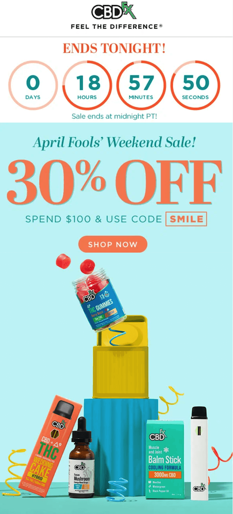Image shows an email from CBD brand CBDFx, featuring a countdown clock at the top under the headline, “ENDS TONIGHT!” The body of the email contains a product shot on a bright blue background, overlaid with the text, “April Fools’ Weekend Sale! 30% OFF: SPEND $100 & USE CODE SMILE,” followed by a burnt orange CTA button that reads, “SHOP NOW.”