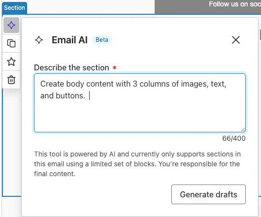 Image shows the drag-and-drop email editor in the back end of Klaviyo Email AI, which prompts the user to type a description of the email they want into a box. The button says, “Generate drafts.”