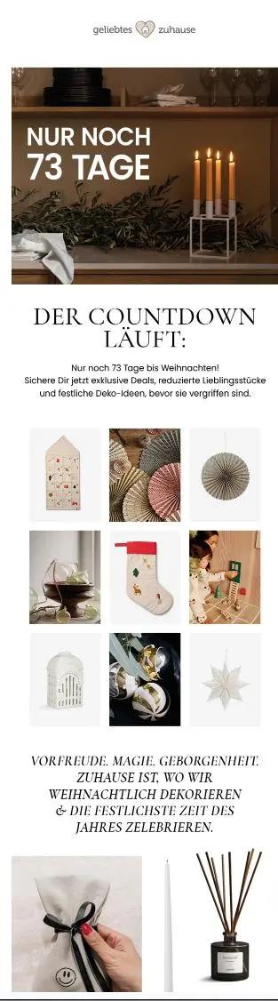Weihnachtliche Werbemail mit Countdown "Nur noch 73 Tage". Bilder von Dekorationen, Kerzen und einem Adventskalender.