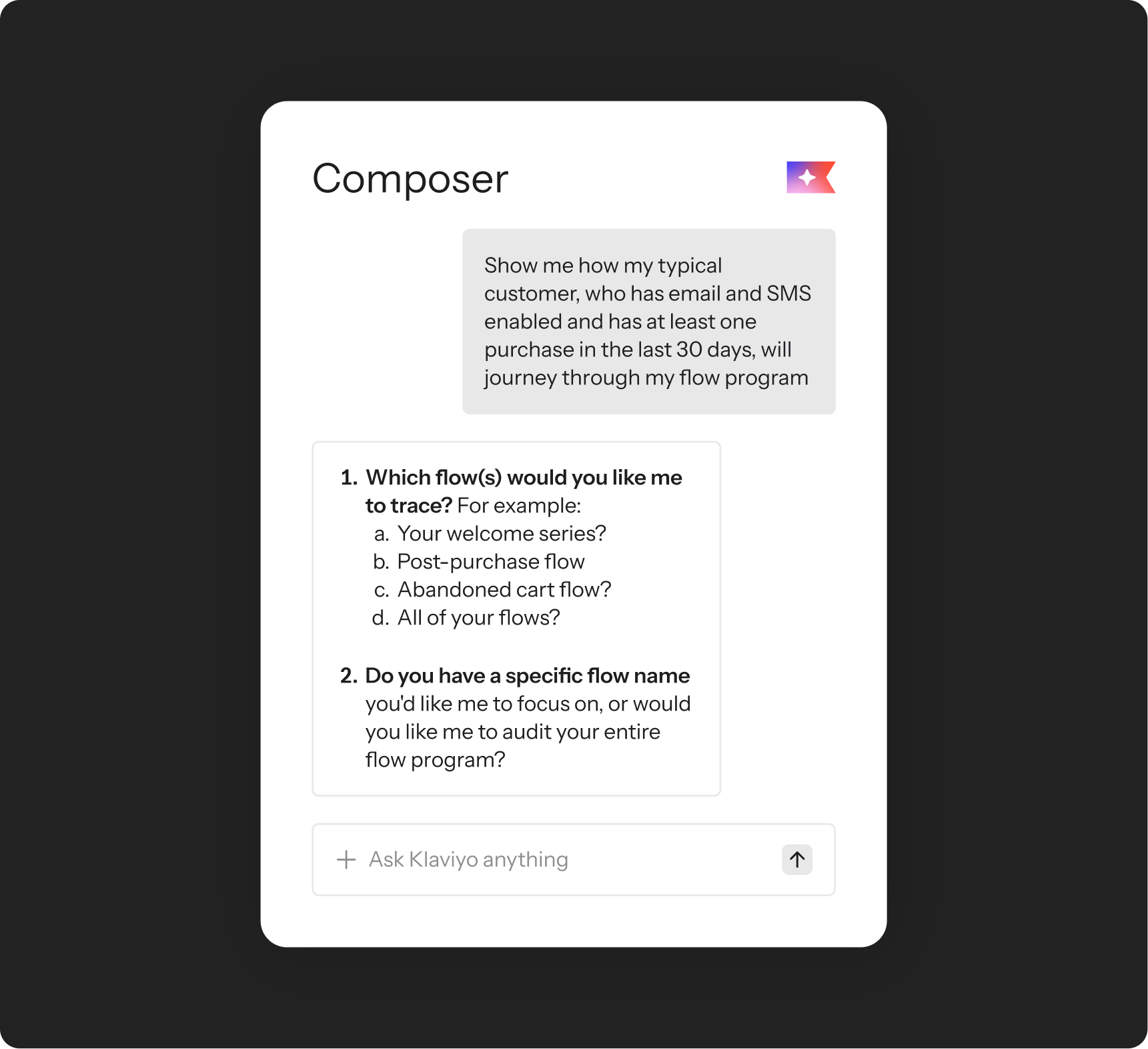 A Klaviyo Composer interface displaying an AI prompt about customer journey flows, with guiding questions for flow analysis.