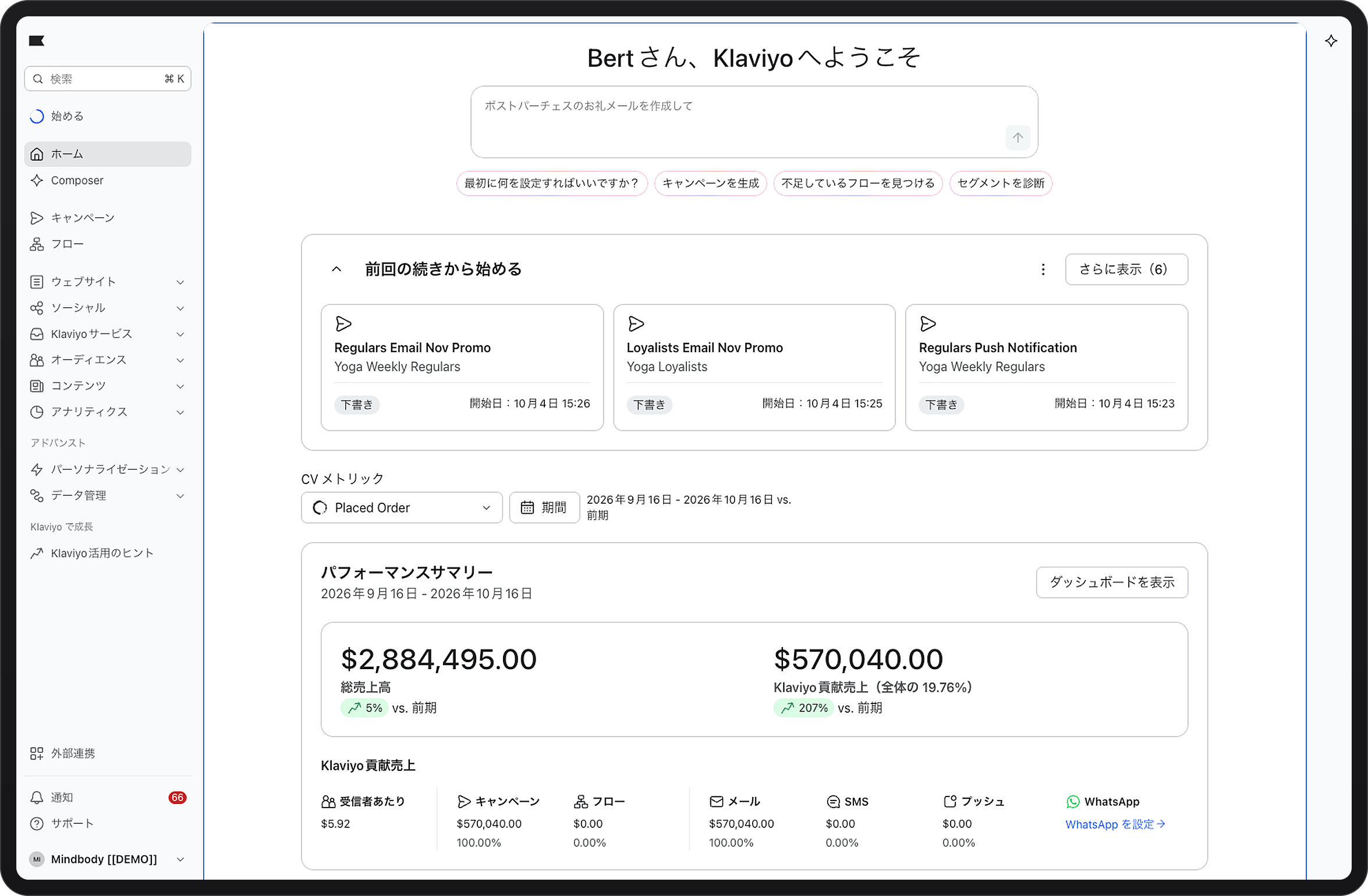 A Klaviyo marketing dashboard displaying sales performance data and campaign drafts.