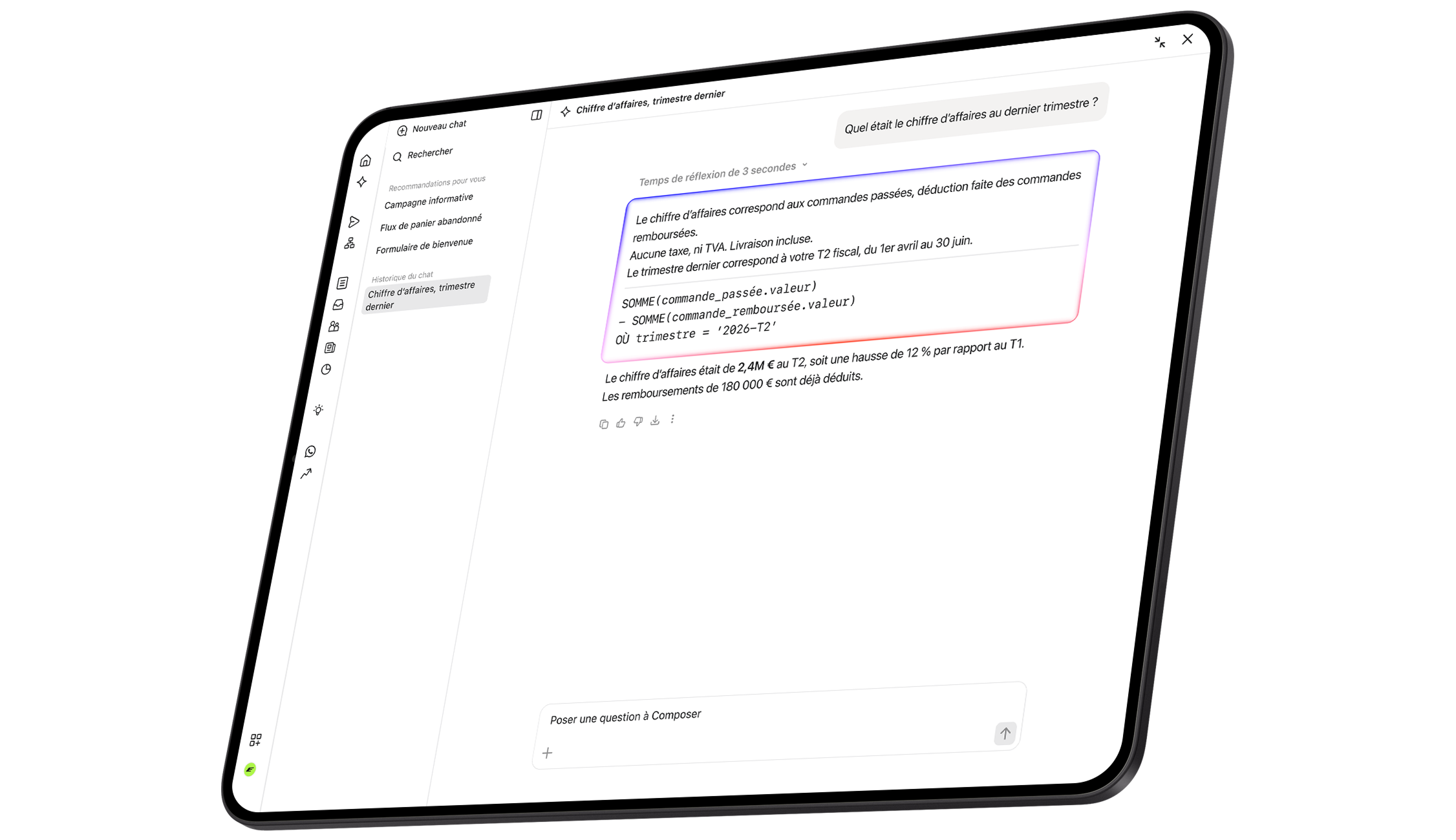Interface de chat IA répondant à une question sur le chiffre d’affaires, avec le détail du calcul et un résultat de 2,4M € au 2e trimestre