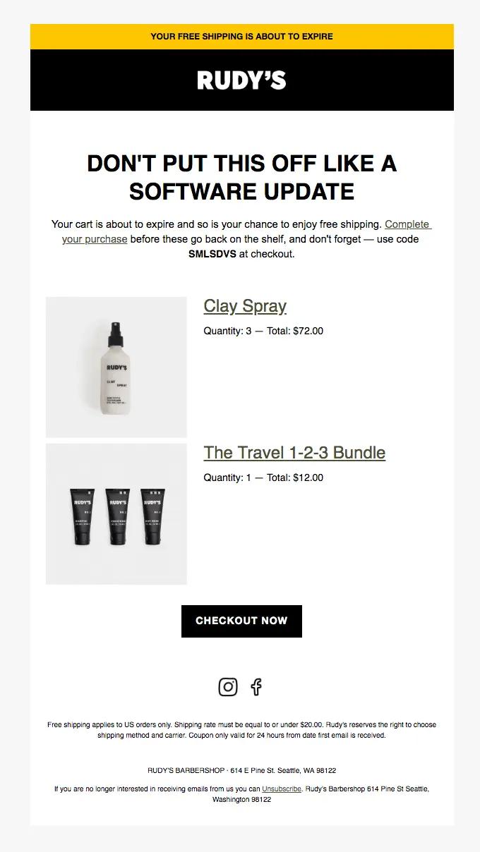 Image shows an abandoned cart email from Rudy’s, with a discount code and a CTA that reads, “Check out now.”