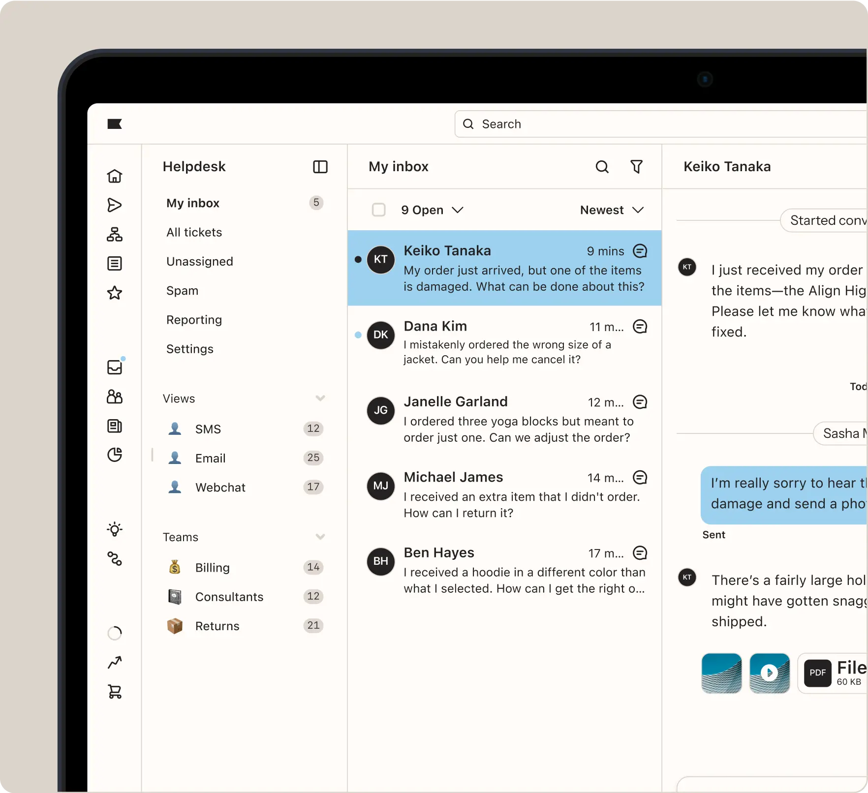 Helpdesk interface showing a list of customer inquiries in an inbox. Selected message from Keiko Tanaka about a damaged order.