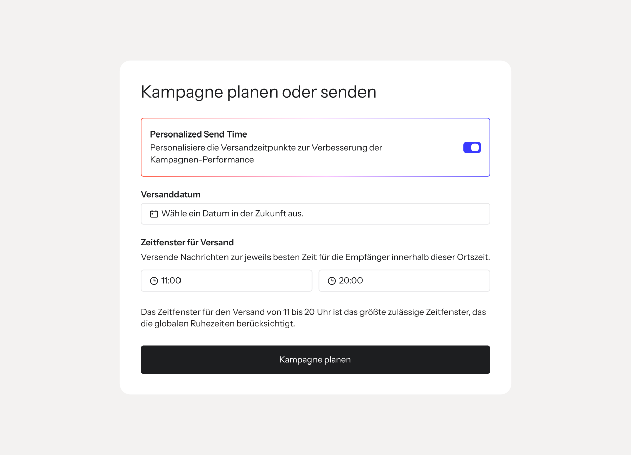Campaign scheduling form with personalized send time, date picker, sending window, and schedule button.