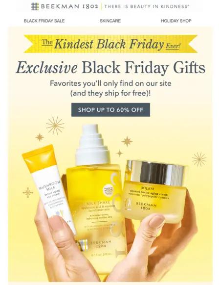 Image shows a yellow-themed email with 2 light-skinned hands holding 3 skincare products in a yellow jar, yellow spray bottle, and a smaller white bottle. The headline reads, “Exclusive Black Friday Gifts,” with text indicating free shipping sitewide underneath.