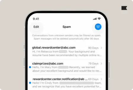 Smartphone screen displaying a spam email folder with messages from suspicious senders like "global.rewardcenter@abc.com".
