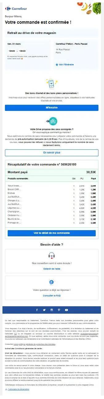 E-mail de Carrefour confirmant un retrait Drive, incluant date, lieu, créneau horaire, détail des produits achetés, montant payé et liens utiles vers l’itinéraire, la commande et le support client.