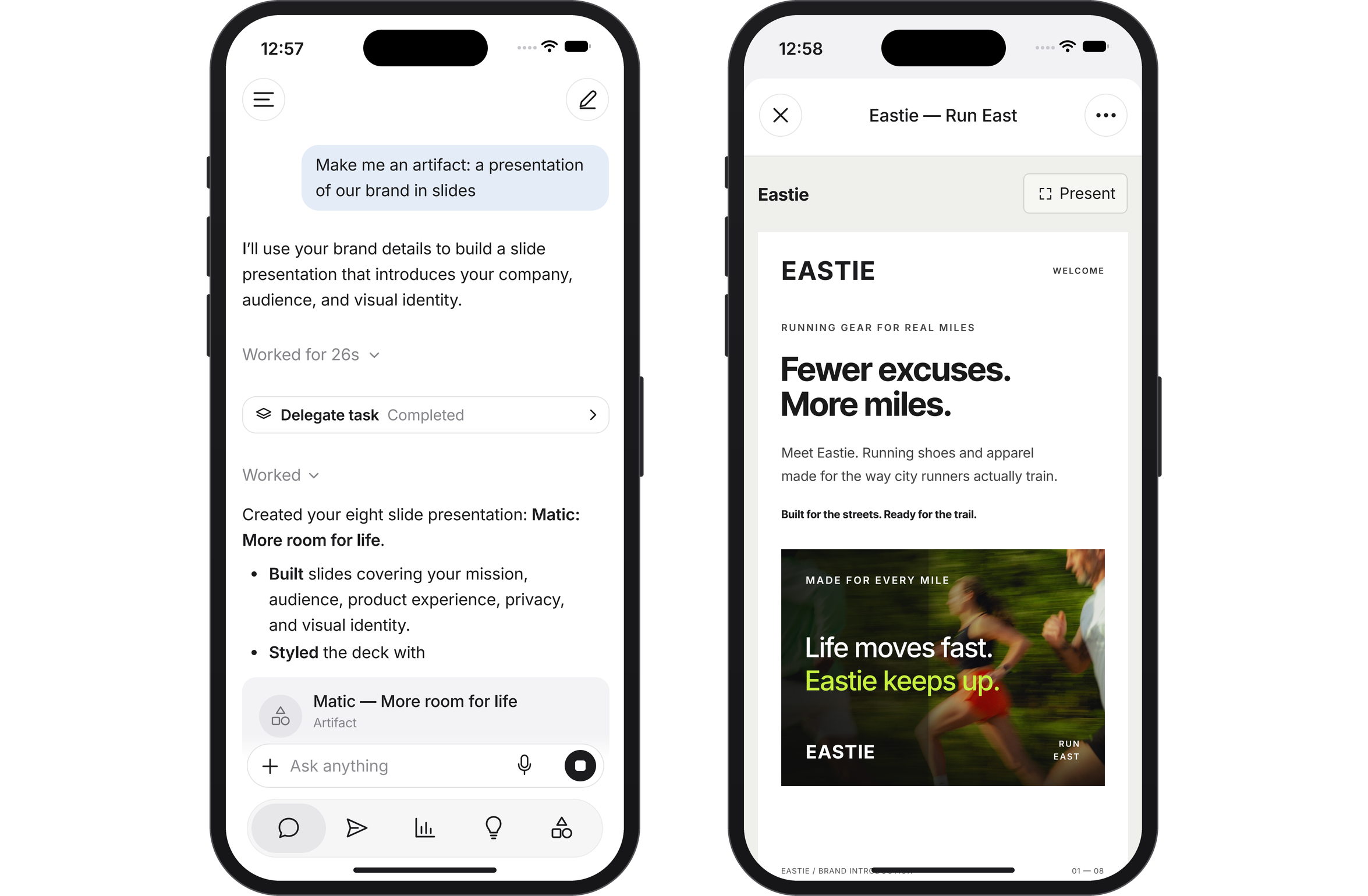 Two smartphone screens. The left shows an AI chat generating a presentation, while the right displays a slide from the 'Eastie' brand presentation.