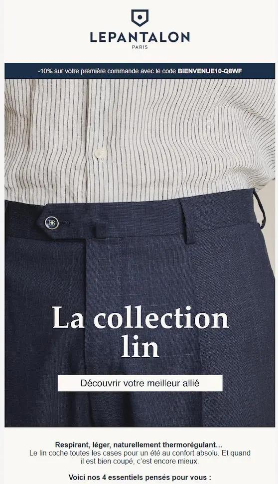 Chemise rayée et pantalon en lin bleu marine de la collection LePantalon, avec texte promotionnel et logo LePantalon.