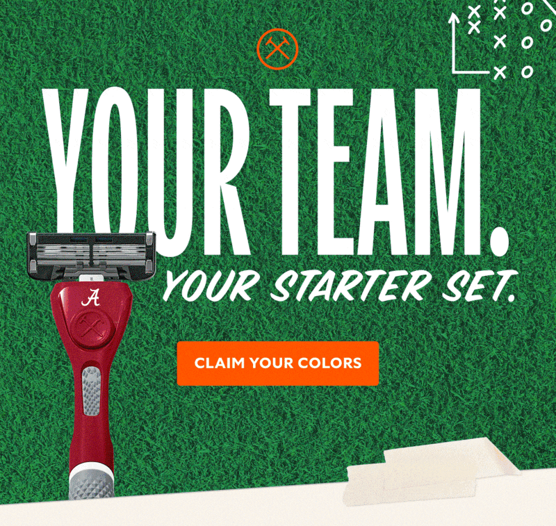 Image shows an email from Dollar Shave Club with the headline “Your team. Your starter set.” showing a grass background and a razor with Louisiana State University branding. There’s a button that says “Claim your colors” and text below that says “We bundled school pride with everything you need to start fresh. All in one easy starter set.” At the bottom of the email is an image of college students with sports gear and text that reads, “Pick your blade, rep your team,” with a description of the grooming bundle.