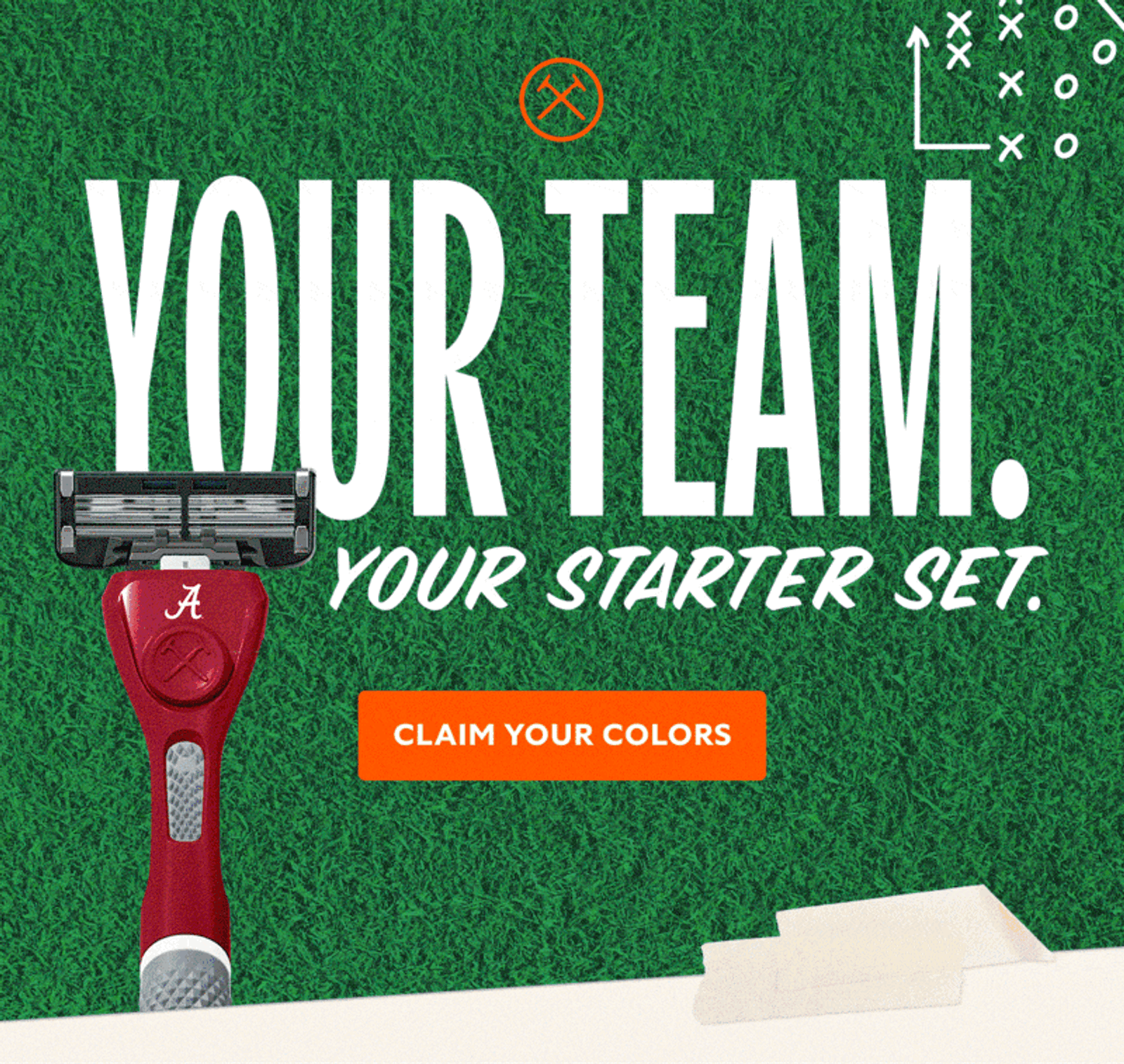 Image shows an email from Dollar Shave Club with the headline “Your team. Your starter set.” showing a grass background and a razor with Louisiana State University branding. There’s a button that says “Claim your colors” and text below that says “We bundled school pride with everything you need to start fresh. All in one easy starter set.” At the bottom of the email is an image of college students with sports gear and text that reads, “Pick your blade, rep your team,” with a description of the grooming bundle.