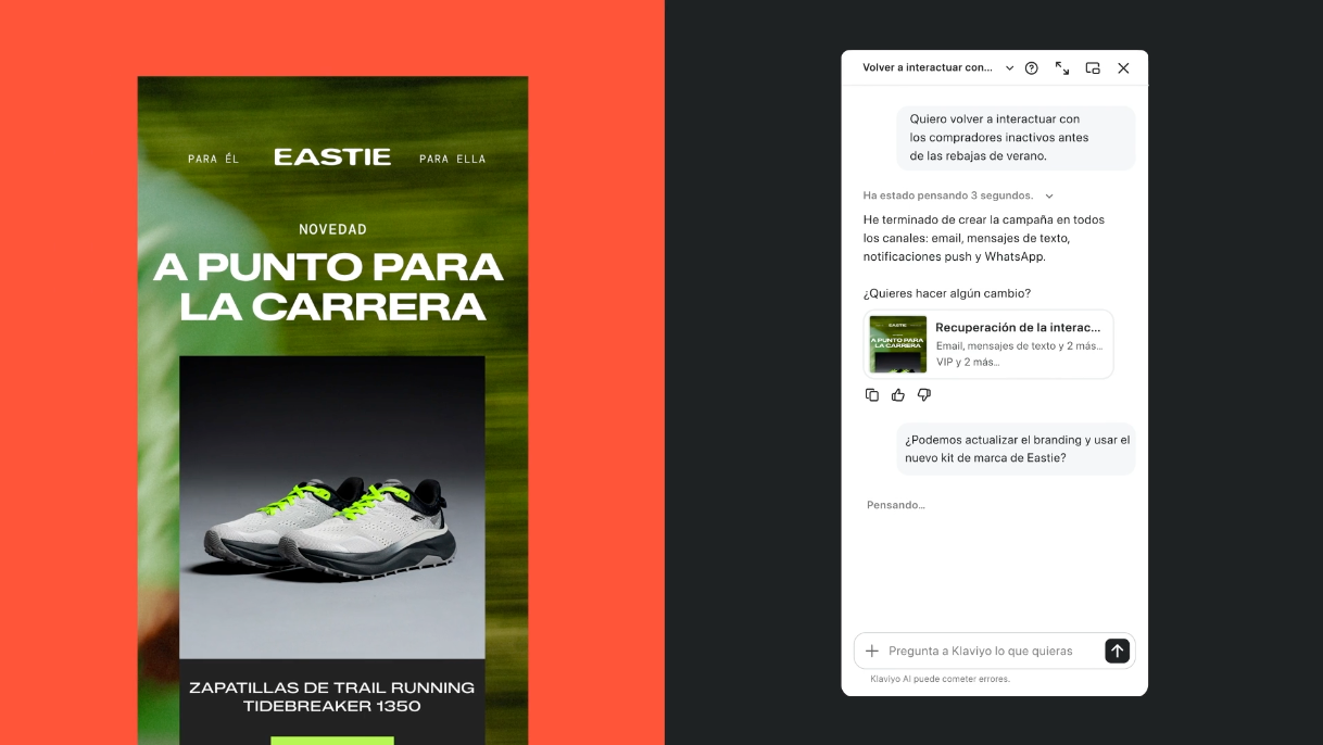 Email for Eastie’s "New Drop" titled "Race Day Ready." The image features a pair of grey and black trail running shoes with vibrant neon green laces set against a dark forest green background.