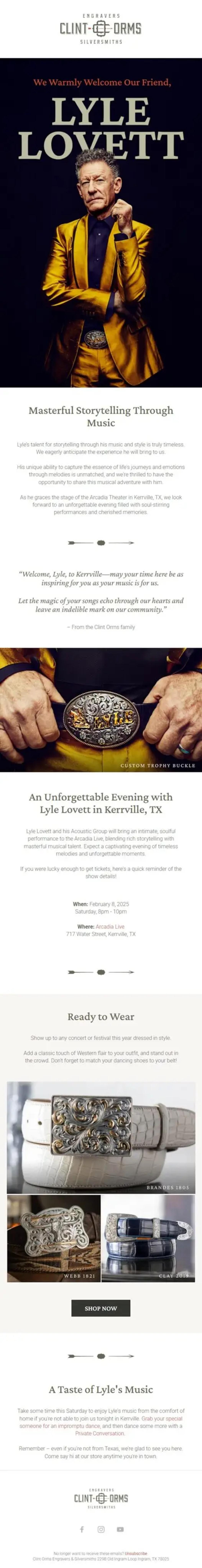 Image shows a marketing email from Clint Orms Engravers & Silversmiths that features their products alongside country music legend Lyle Lovett. It also includes a sampling of his music and an invitation to a concert in Texas.