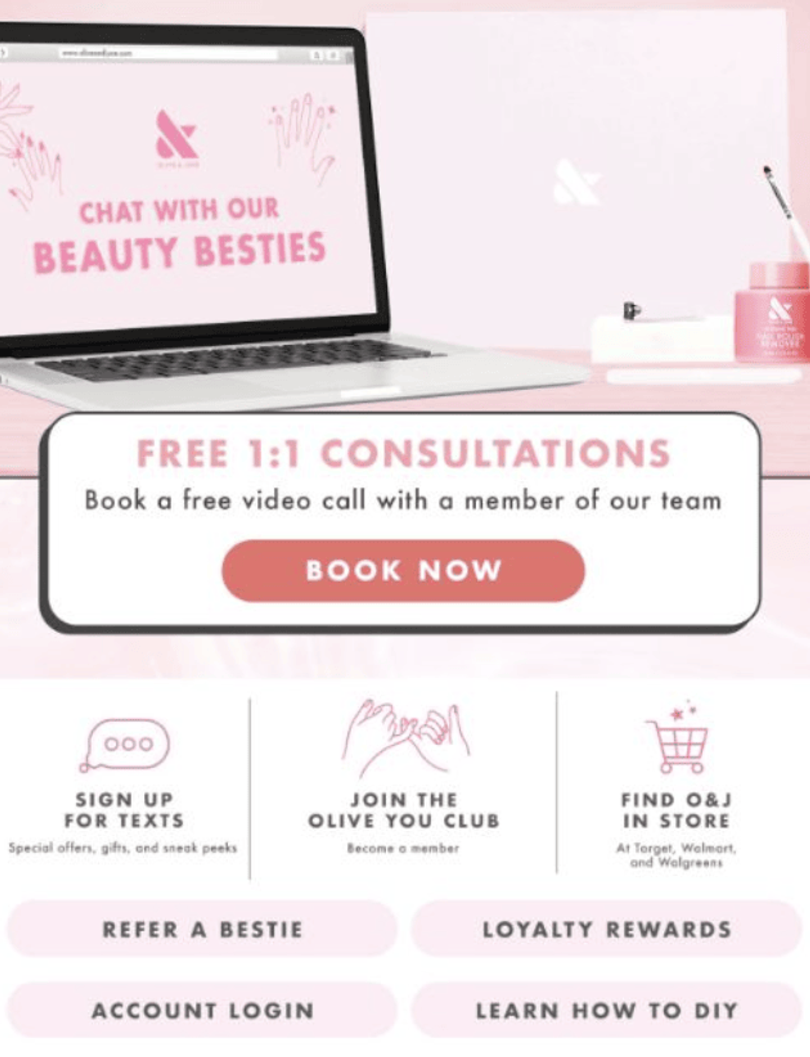 A pink-themed Olive & June website page showcasing features like chat, free consultations, and club membership, with a laptop and beauty products.