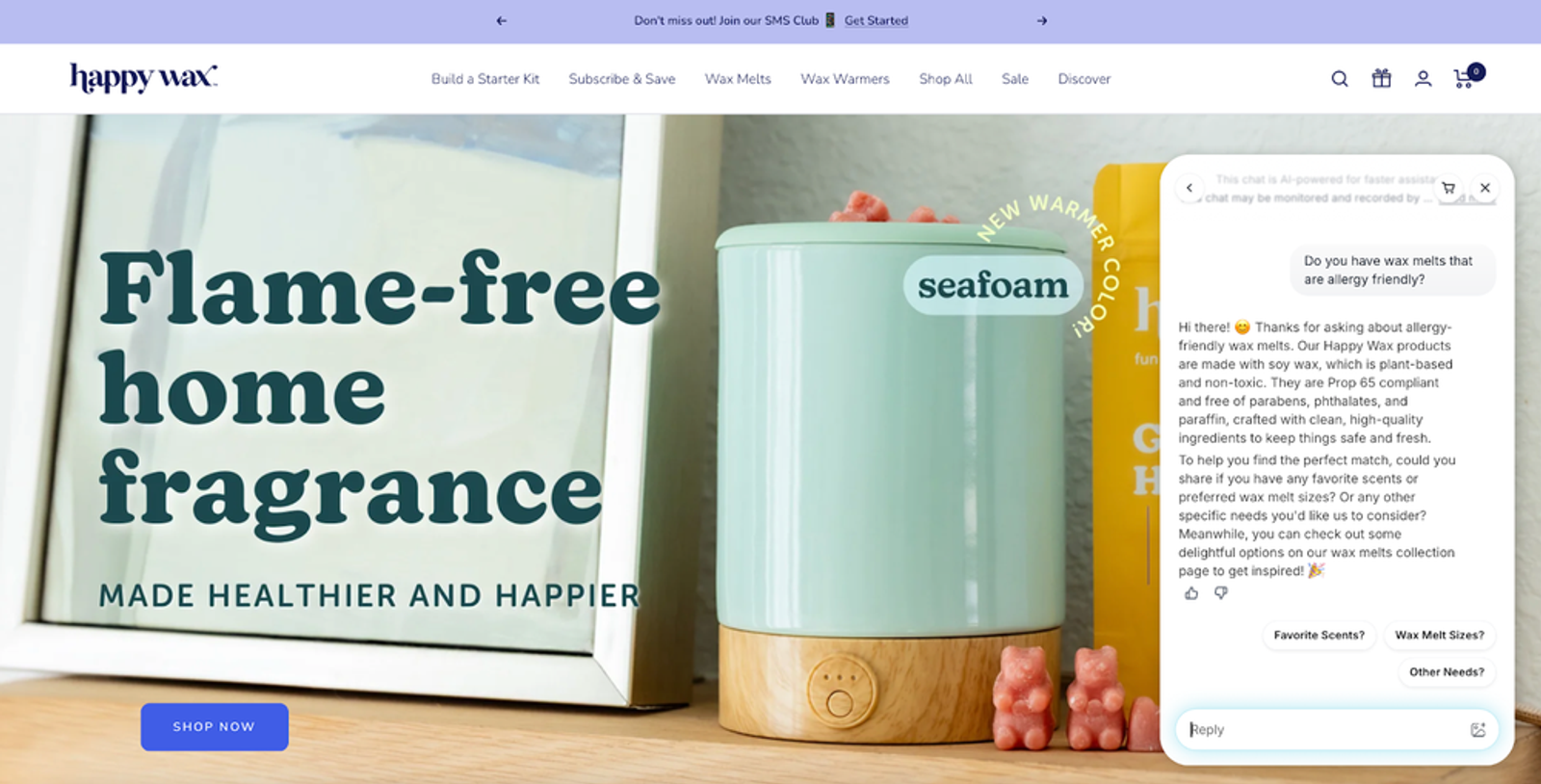 Screenshot of a conversation between a shopper and an AI agent on Happy Wax’s website. The shopper is asking which products are allergy friendly, and the AI agent gives a detailed answer about the product’s ingredients while also asking whether the customer has a preference for fragrance and size. To the left of the chat window is the Happy Wax hero banner, which shows a cylindrical wax warmer in seafoam green. Beside the wax warmer are two light red scented wax melts in the shape of gummy bears. The headline overlaid on top of the image reads, “Flame-free home fragrance, made healthier and happier.”