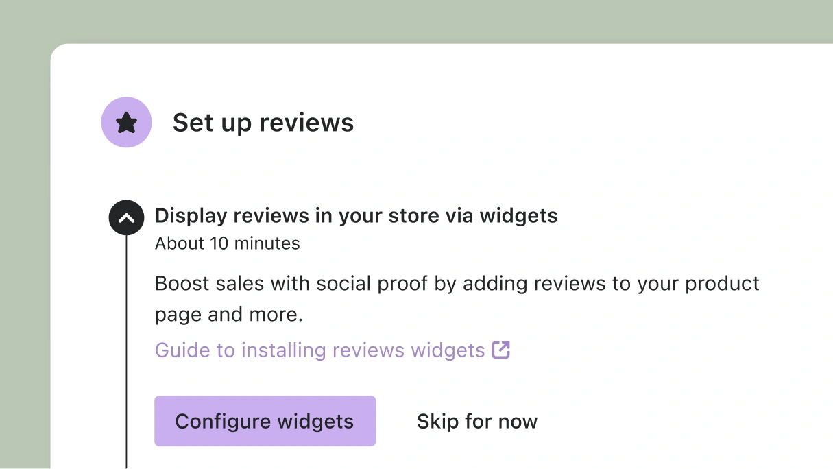 Review setup panel prompting users to configure widgets for displaying product reviews in their store.