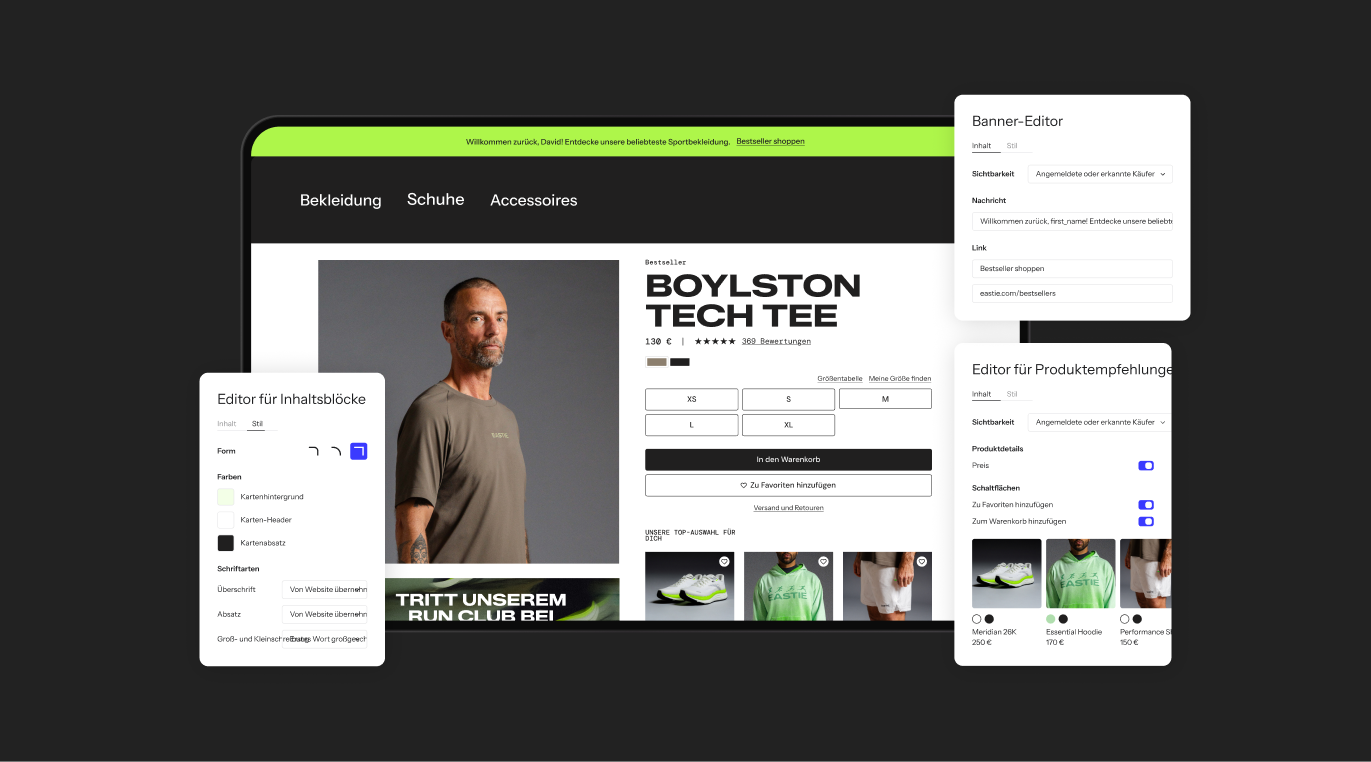 Website on a laptop showing a product page and editor windows for content, banners, and product recommendations.