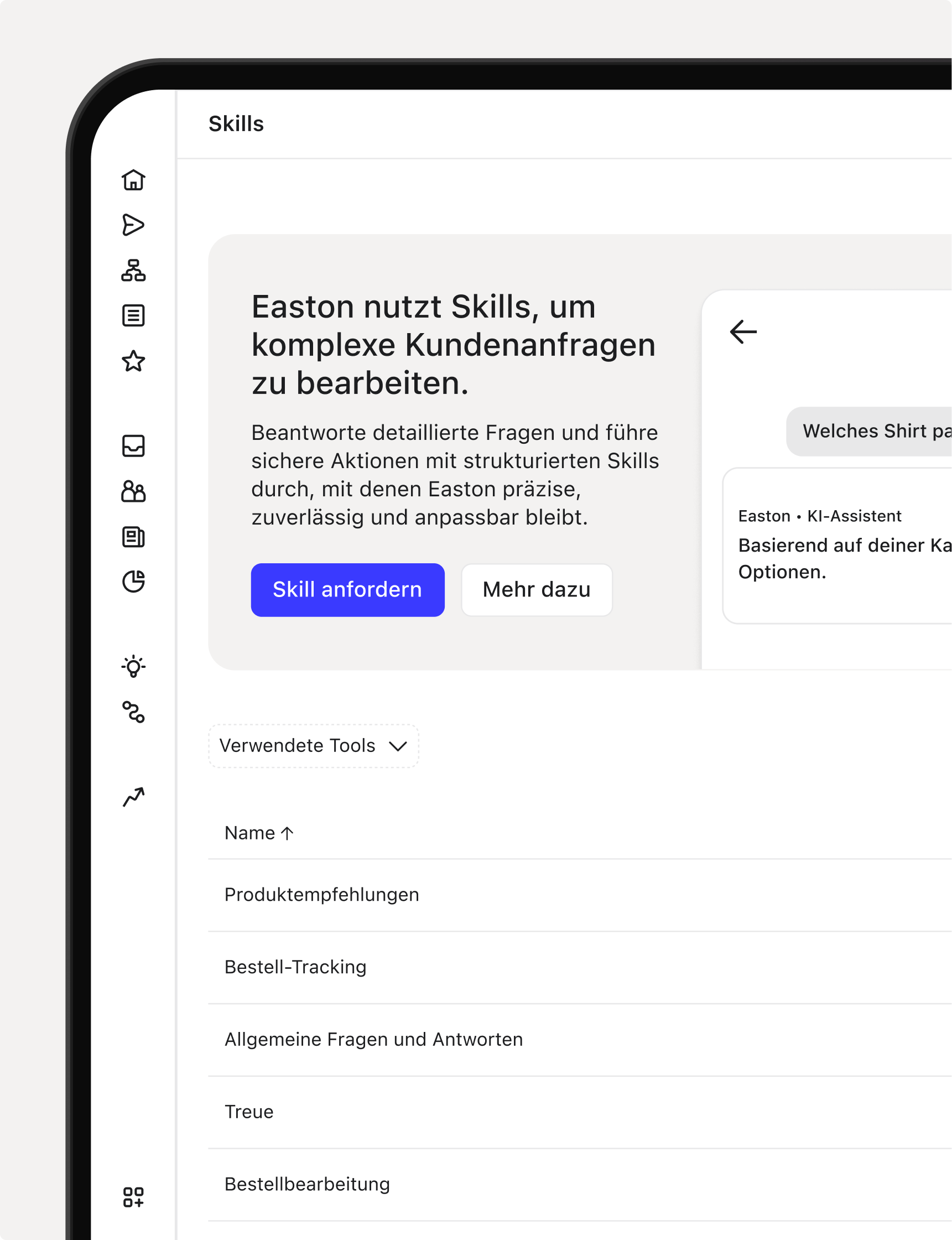 A software interface on a tablet screen showing a "Skills" dashboard in German, featuring an AI assistant for customer inquiries and a list of available tools like product recommendations and order tracking.