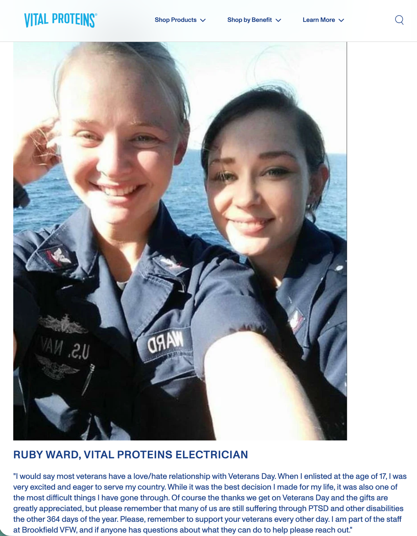 Image shows an employee quote from a Veterans Day blog post from supplements brand Vital Proteins, titled, “What Veterans Day means to 3 Vital employees.” The image shows two young veterans, one with blond hair and the other with brown hair, taking a selfie while wearing their dark blue uniform. Underneath is a quote from one of the veterans, talking about their conflicted relationship with Veterans Day.