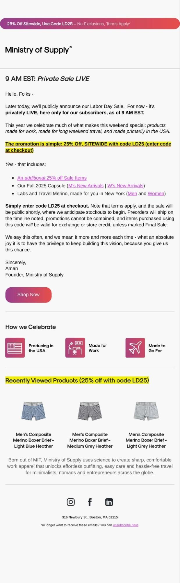 Email from Ministry of Supply announcing a Labor Day private sale with 25% off sitewide using code LD25, featuring men's merino boxer briefs and a "Shop Now" button.