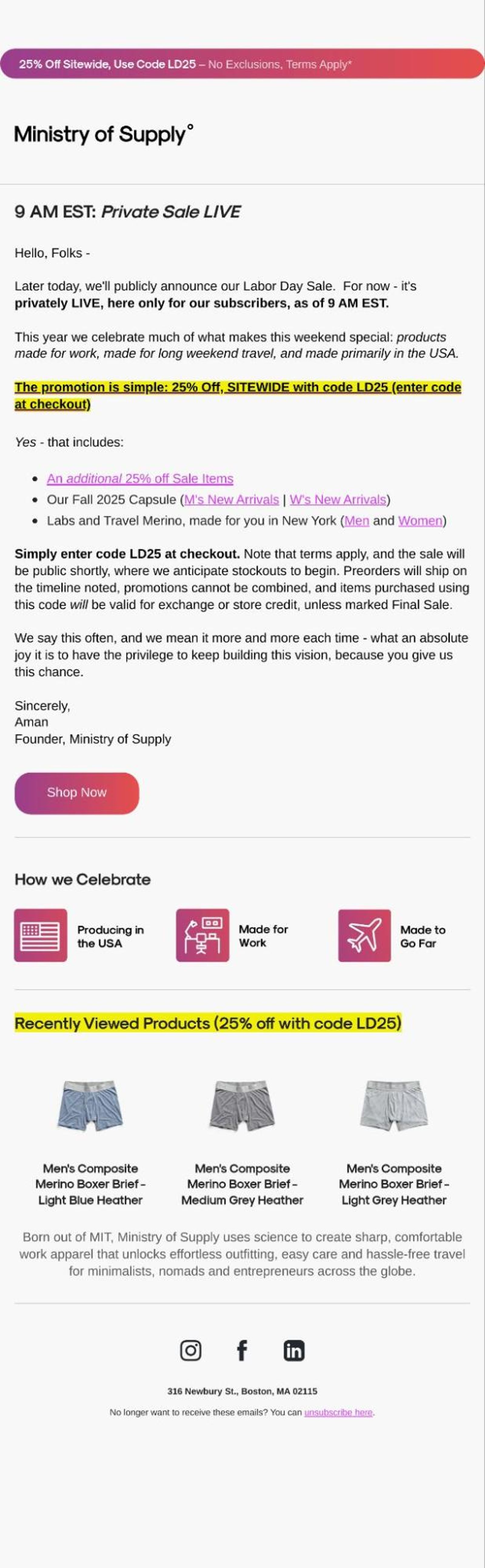 Email from Ministry of Supply announcing a Labor Day private sale with 25% off sitewide using code LD25, featuring men's merino boxer briefs and a "Shop Now" button.
