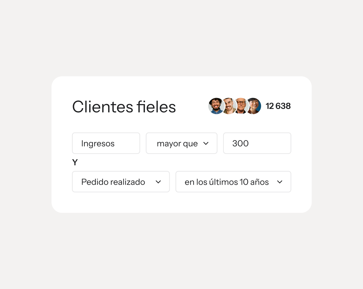 Segmento de cliente fiel con 12 638 perfiles, filtrado por ingresos superiores a 300 y un pedido en los últimos 10 años.