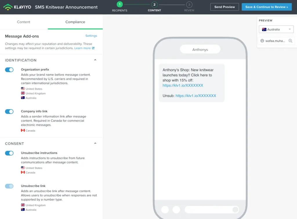 in-app Klaviyo picture of sms texting option to australia