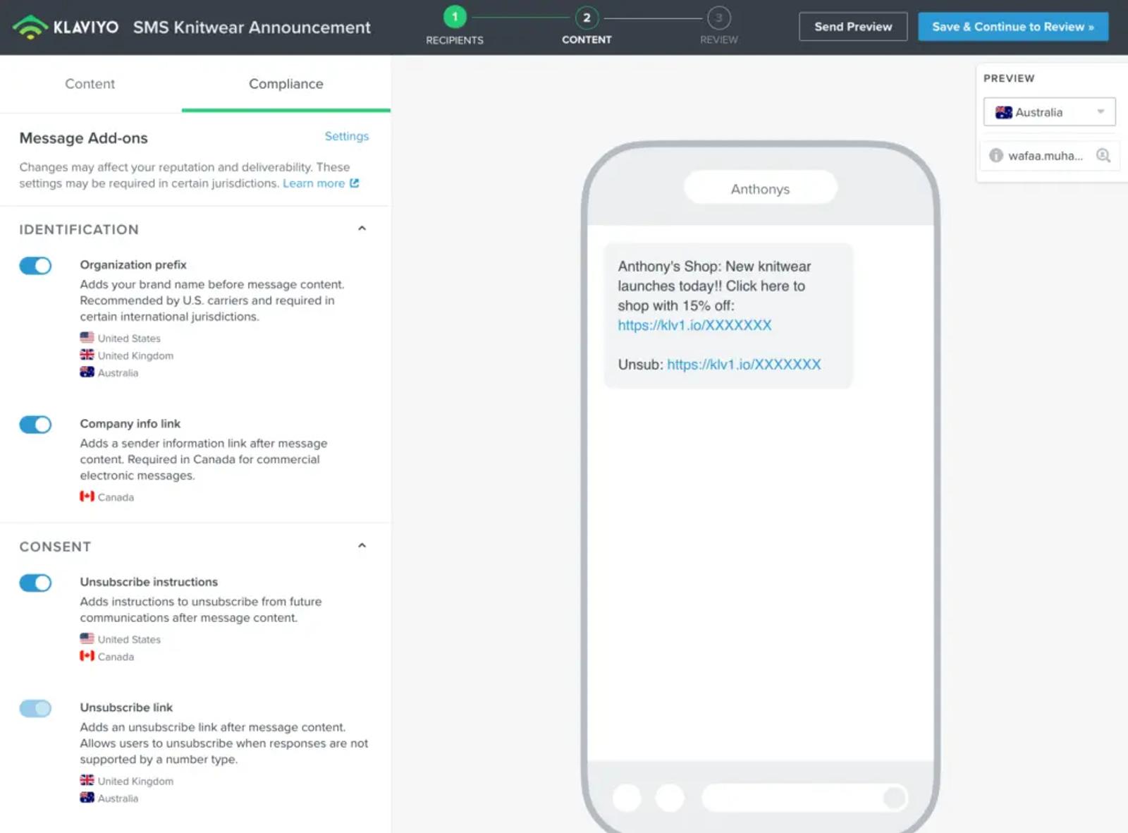 in-app Klaviyo picture of sms texting option to australia