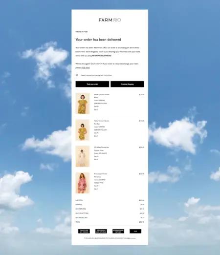 Image shows an email from Farm Rio confirming delivery