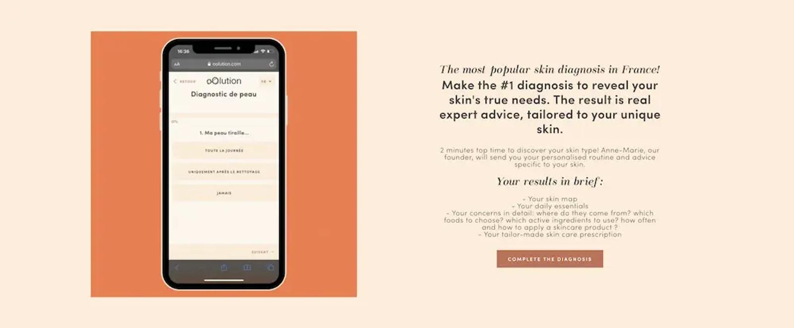 Results of a skin diagnosis quiz from French skin care brand oOlution.