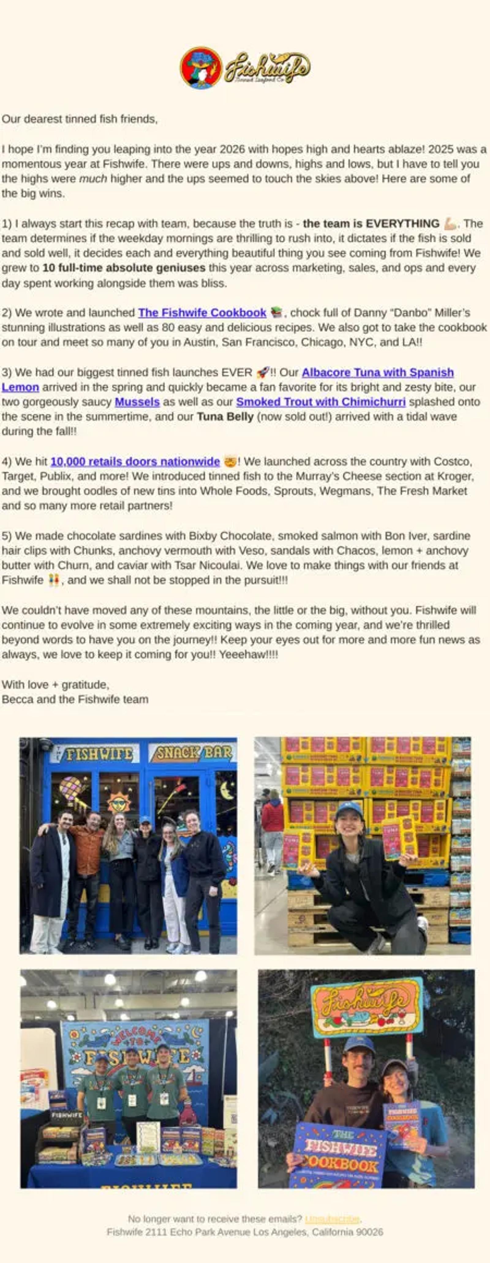 Email newsletter from Fishwife featuring a recap of 2025 achievements, including product launches and cookbook release, with images of team members and products.