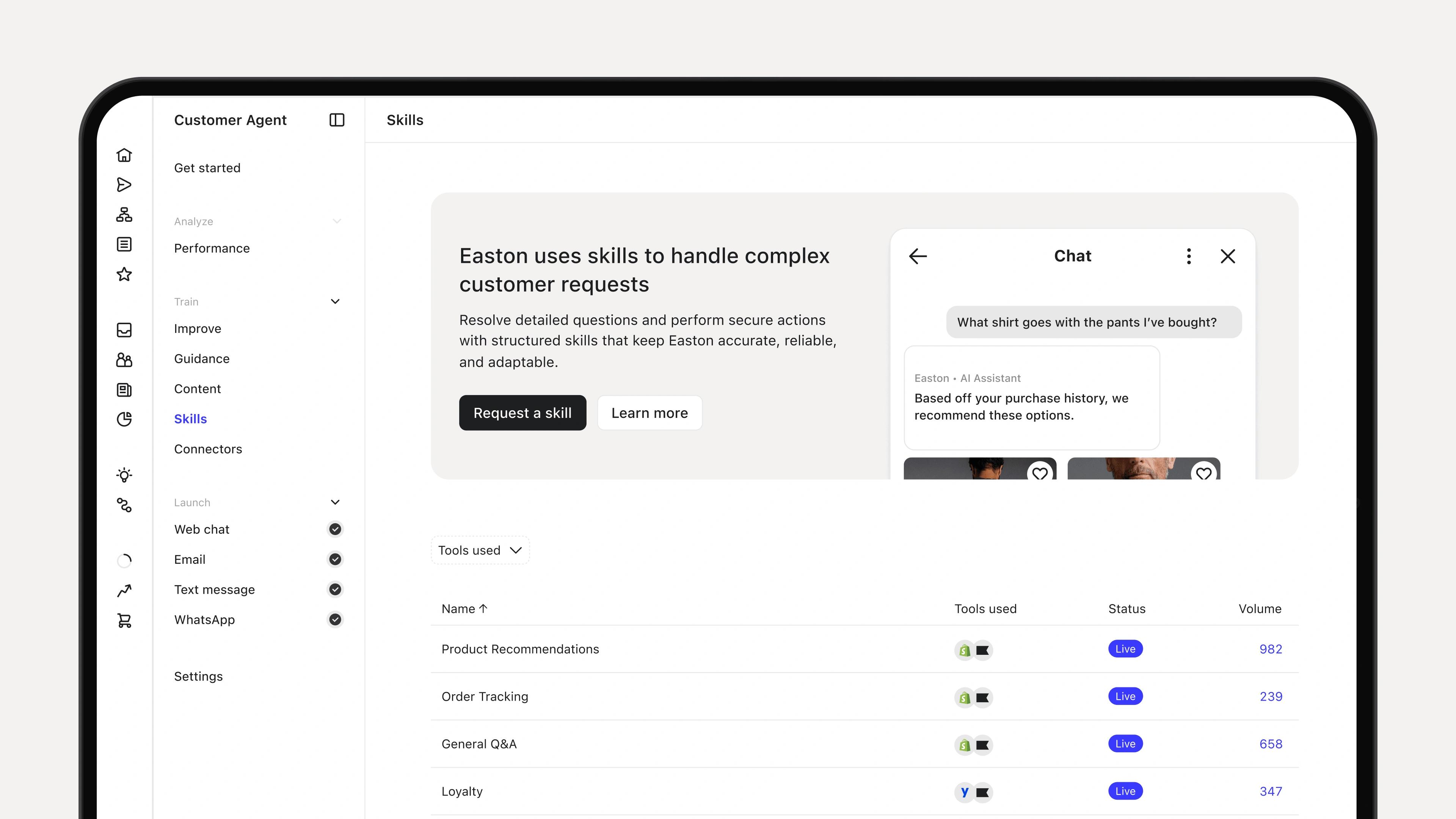 Customer Agent dashboard showing AI skills, a customer chat preview, and a table of live tools and usage volumes.