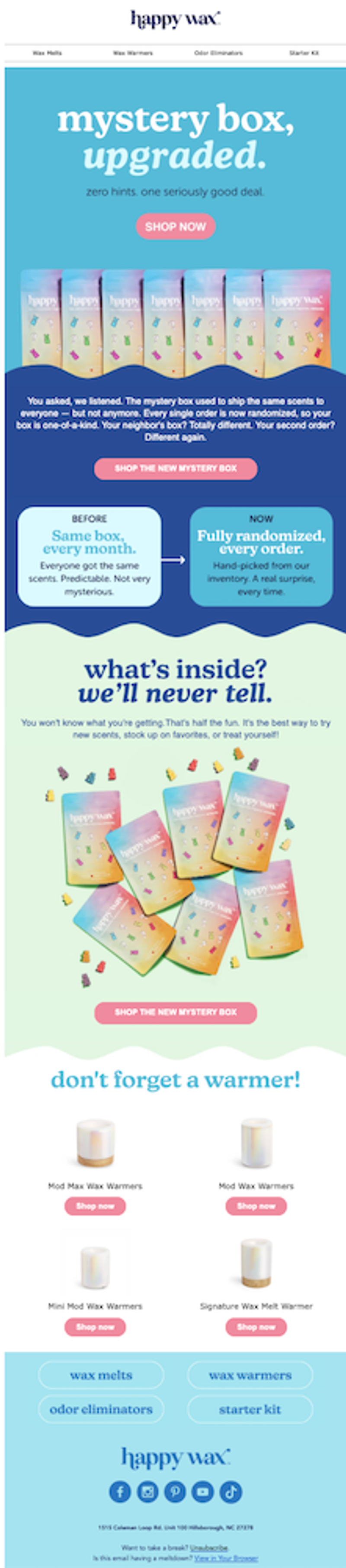 A screenshot of a Happy Wax email announcing an upgrade to its mystery box. The email has a teal blue background and shows 4 packaged wax melts with question mark icons near the top. Below, a dark navy section includes copy explaining that the mystery box used to contain the same scents for everyone. A light blue “before” callout highlights the old, predictable format, while a mint-green section introduces the new randomized version. Colorful wax melt packages are scattered across the section alongside small bear-shaped wax pieces in red, yellow, blue, and green. The email closes with product cards for the mod max and mini mod wax warmers, each with a “Shop Now” CTA button, followed by navigation links and social icons.