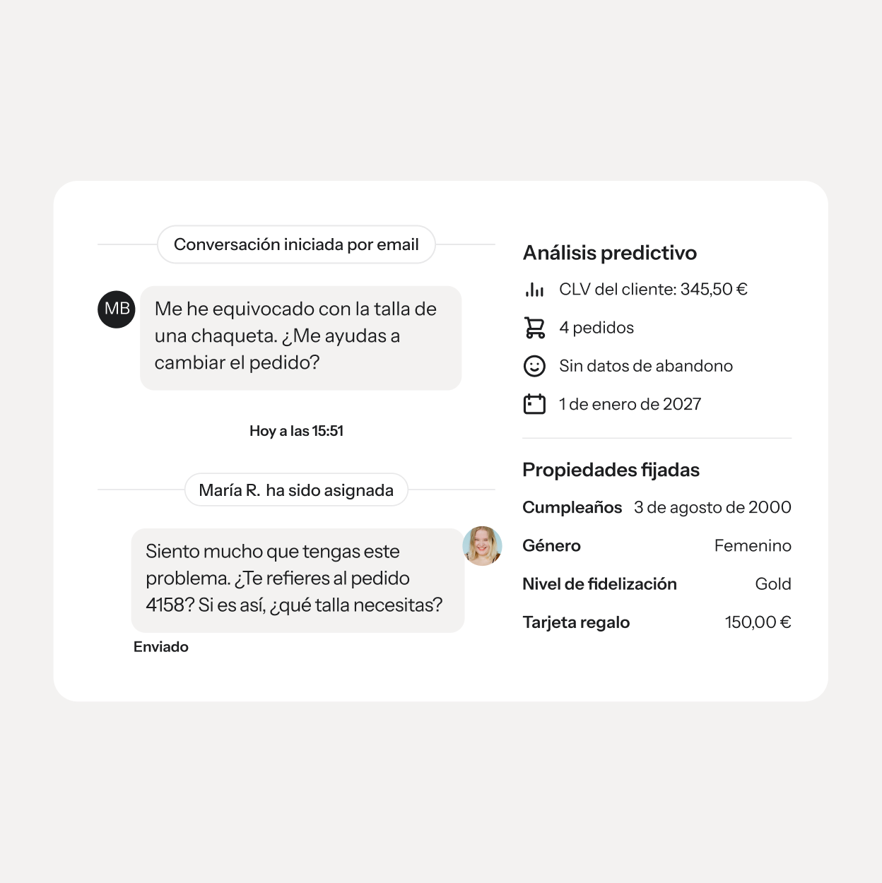 Chat de soporte al cliente sobre el cambio de talla de una chaqueta, junto a análisis predictivo y datos del cliente.