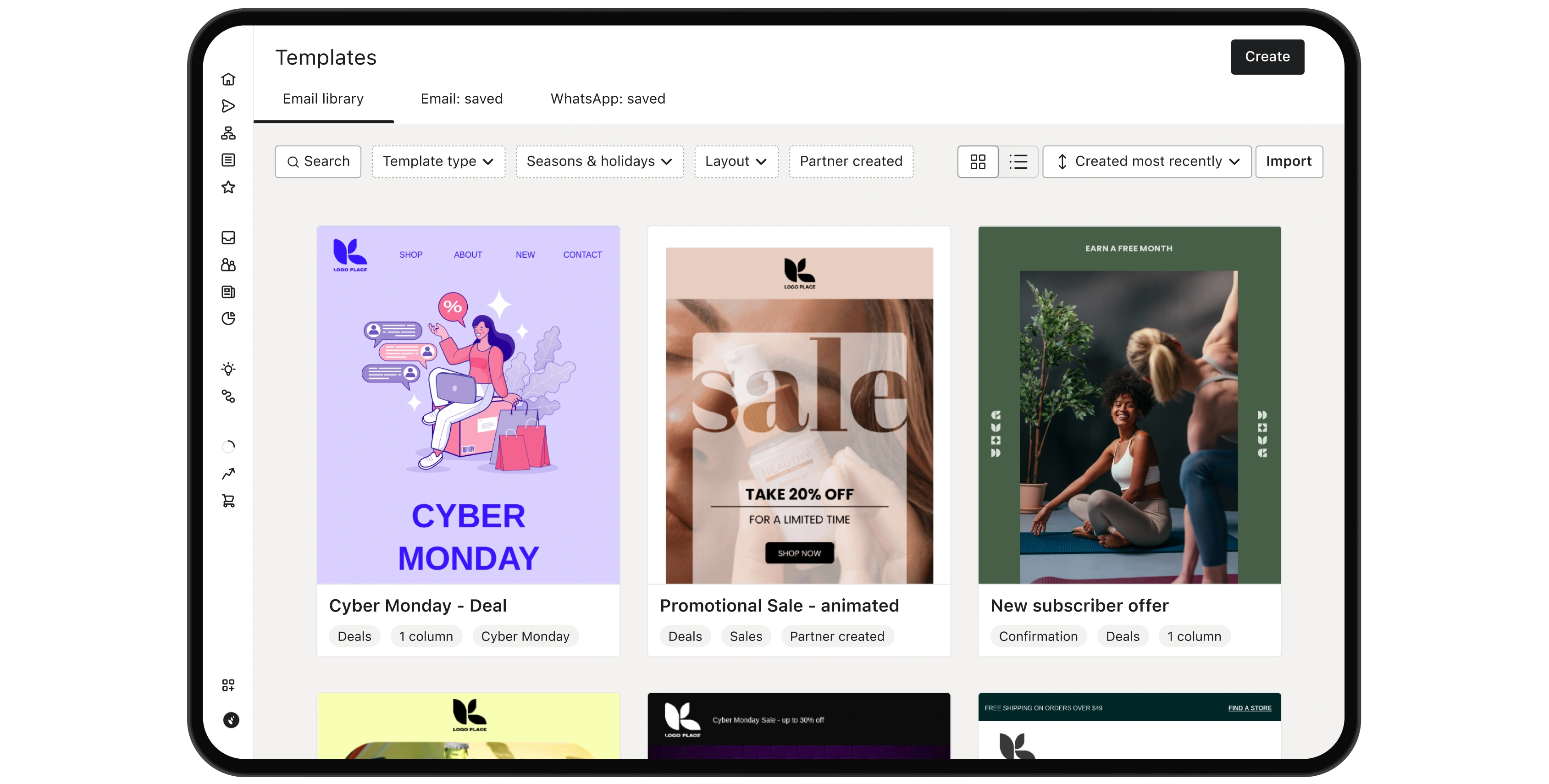 Template library showing Cyber Monday, promotional sale, and new subscriber offer designs.