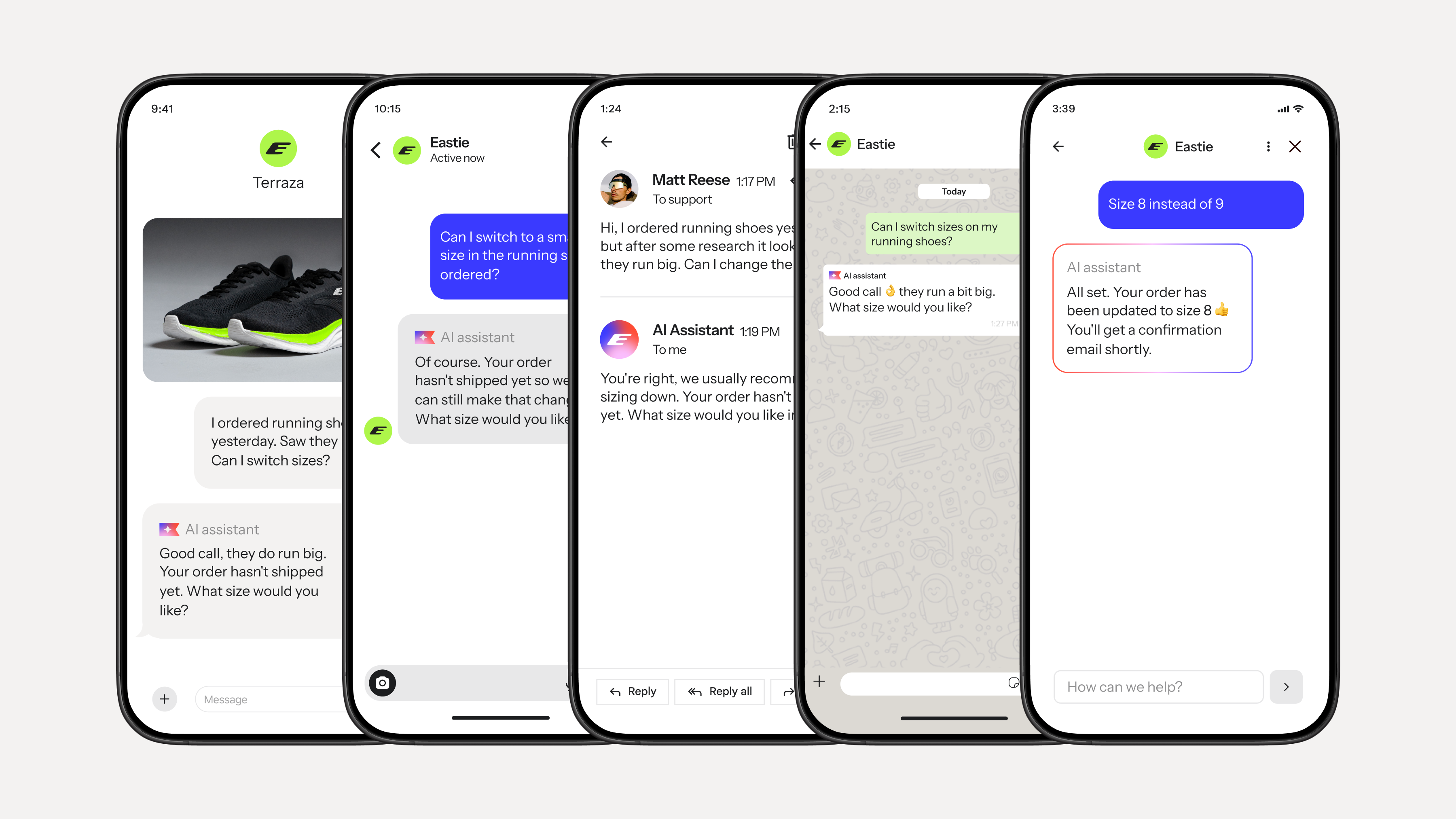 Series of mobile chat screens showing AI-assisted customer conversations, including product recommendations, order help, and support responses.